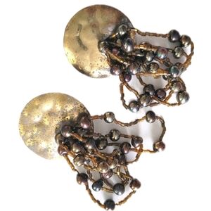 Vintage Made In India Dangly Brown Bead Copper Circle Clip-on Earrings